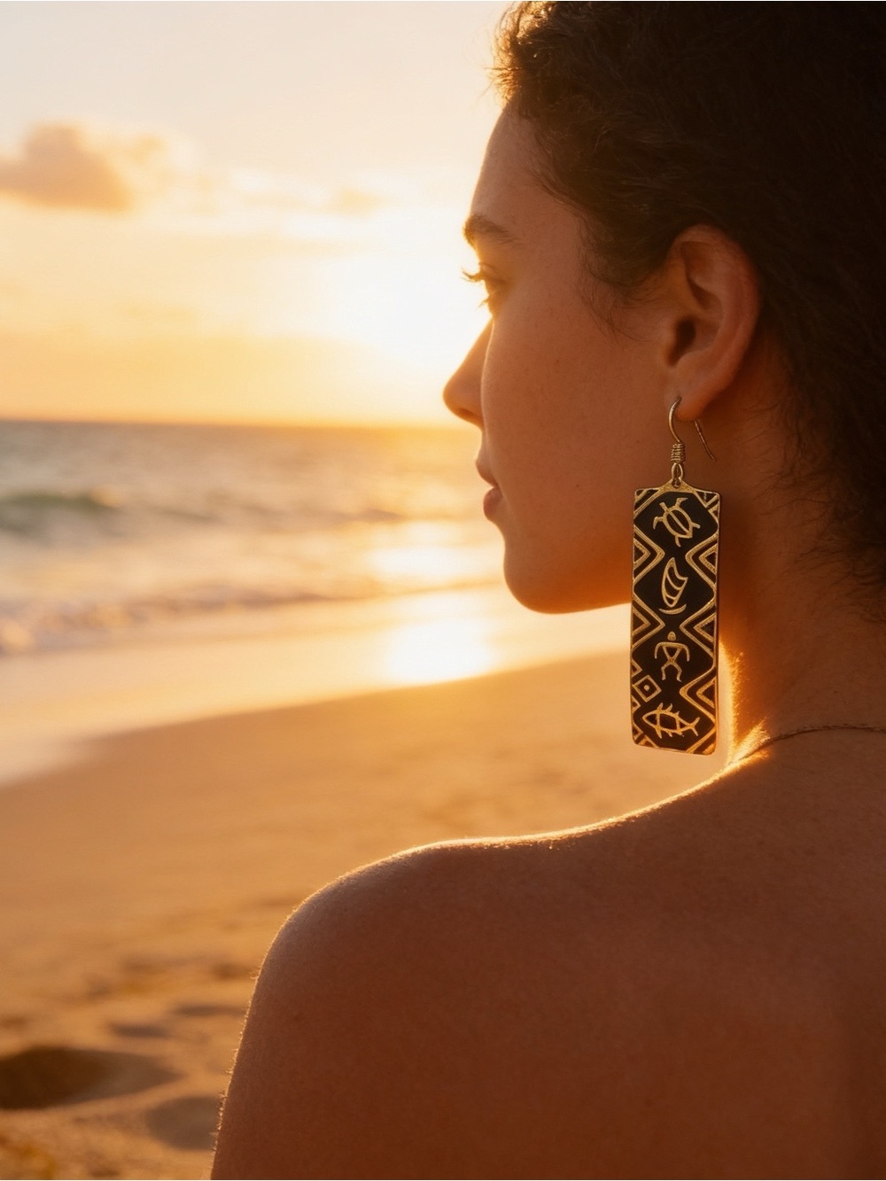Gold & Black Tribal Rectangle Drop Earrings